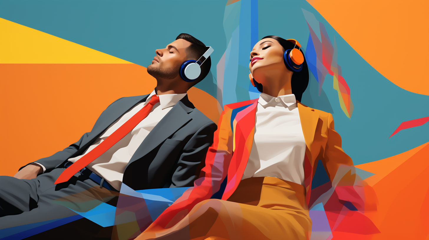 a man and a woman in professional attire with colorful abstract background. the float relaxed with headphones on.