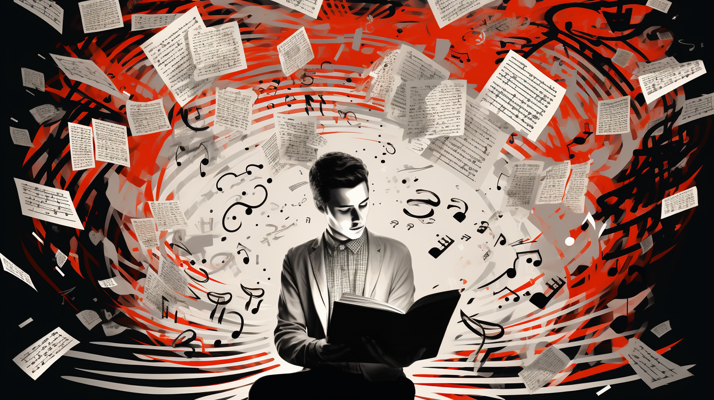 A dynamic image showing a person trying to focus on a book or task, with musical notes containing lyrics acting as distractions and creating a chaotic environment around them