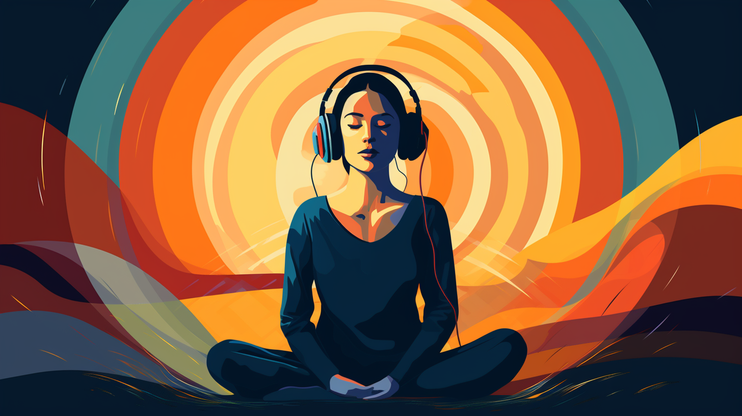 A serene and focused image illustrating an individual with headphones, sitting in a meditative pose, with brain waves visualized above their head, representing enhanced focus through binaural beats