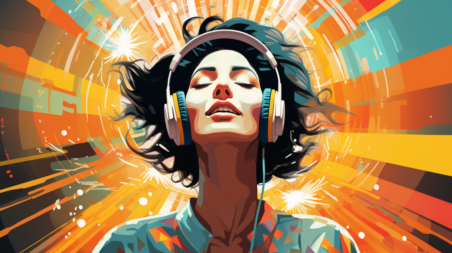 An energetic and vibrant image depicting a person with headphones on, surrounded by musical notes and symbols, feeling motivated and ready to tackle tasks with a burst of energy