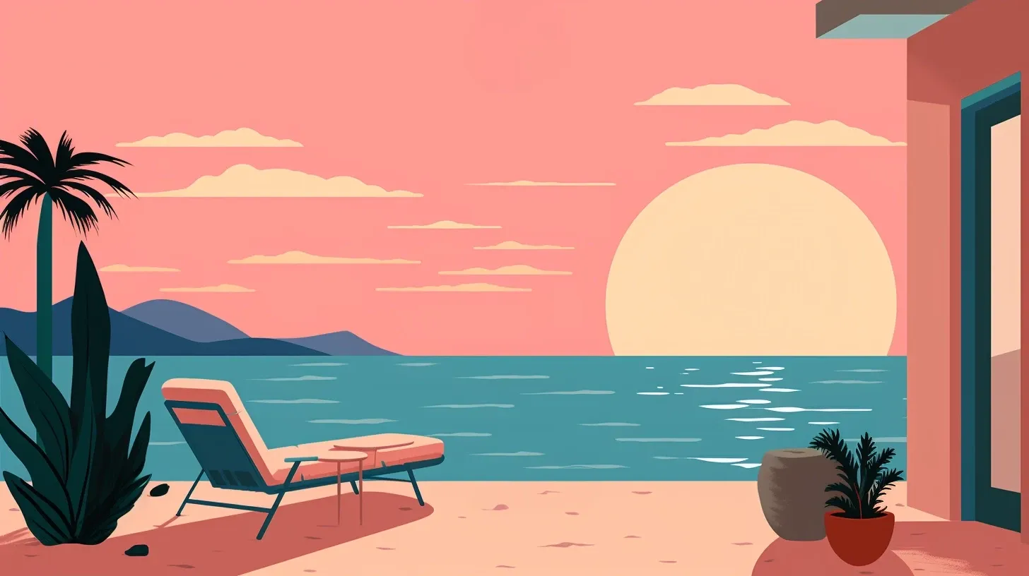 an illustration of a relaxing beach and a sunset