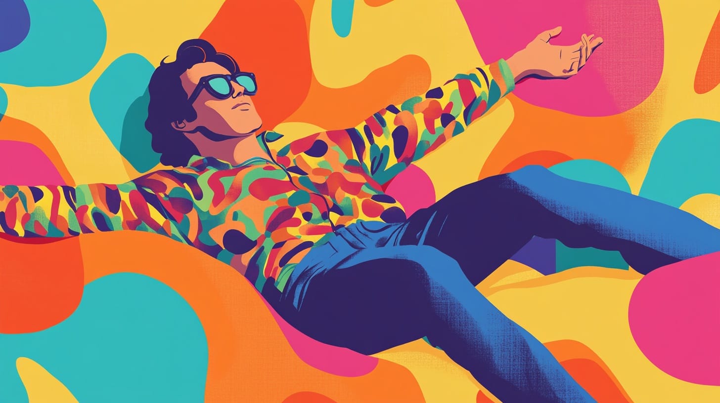 A person wearing sunglasses and a colorful, patterned shirt relaxes with arms outstretched on a swirling, abstract background of bright colors including yellow, orange, and teal.