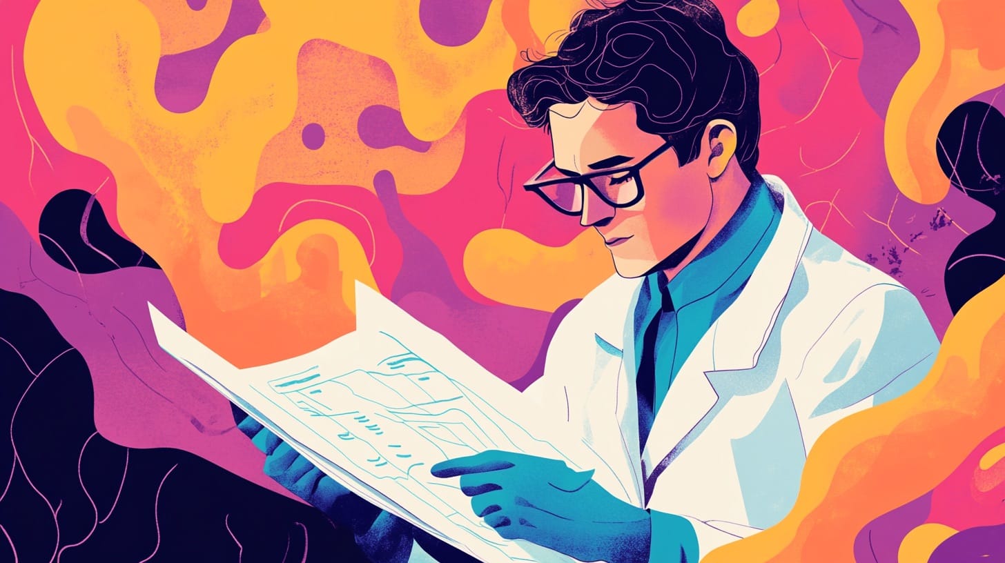 A man in a lab coat and glasses, engrossed in reading a document, is surrounded by swirling, abstract shapes in vibrant colors like orange, pink, and purple.