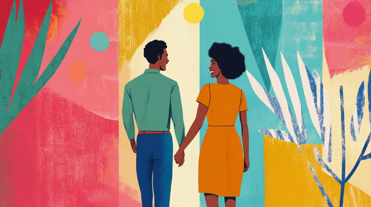 Illustration of a couple holding hands from behind, walking together with a colorful, textured abstract background featuring plants and geometric shapes.