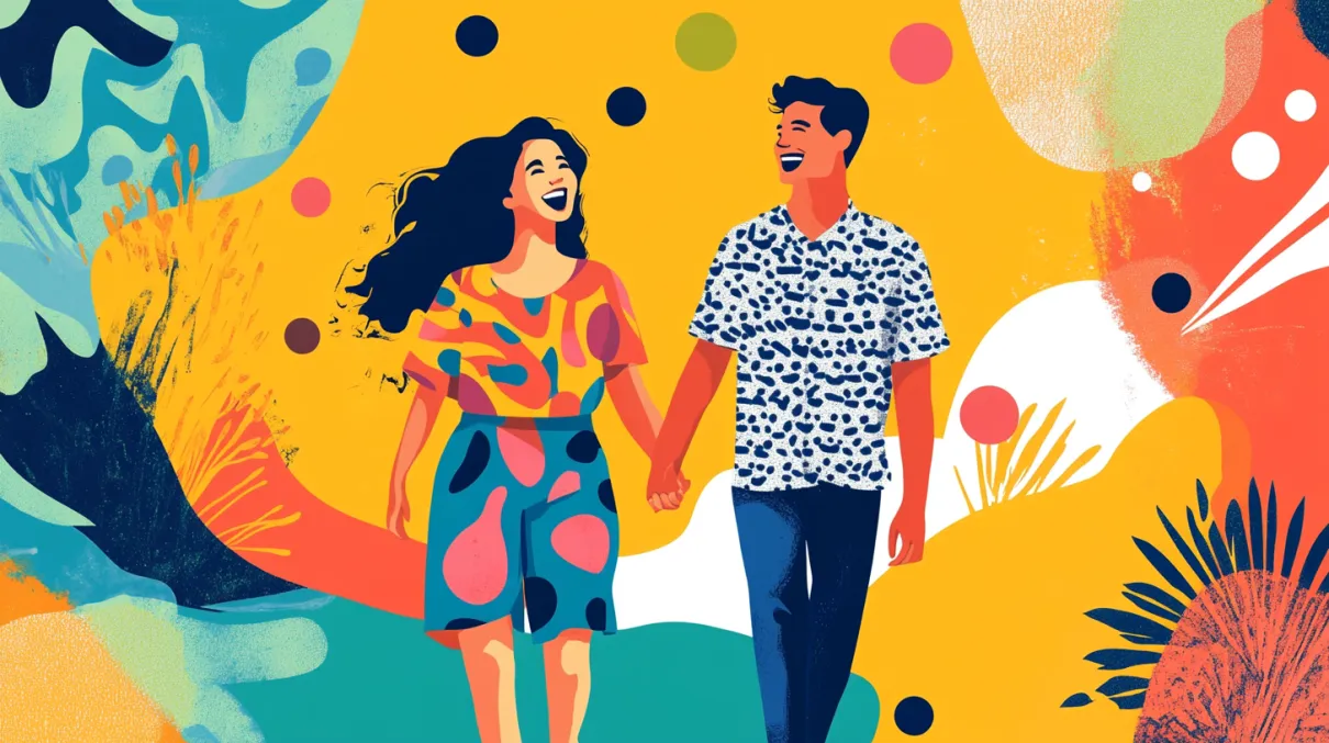 Illustration of a smiling couple holding hands, walking together in a colorful, abstract background with vibrant patterns and shapes.