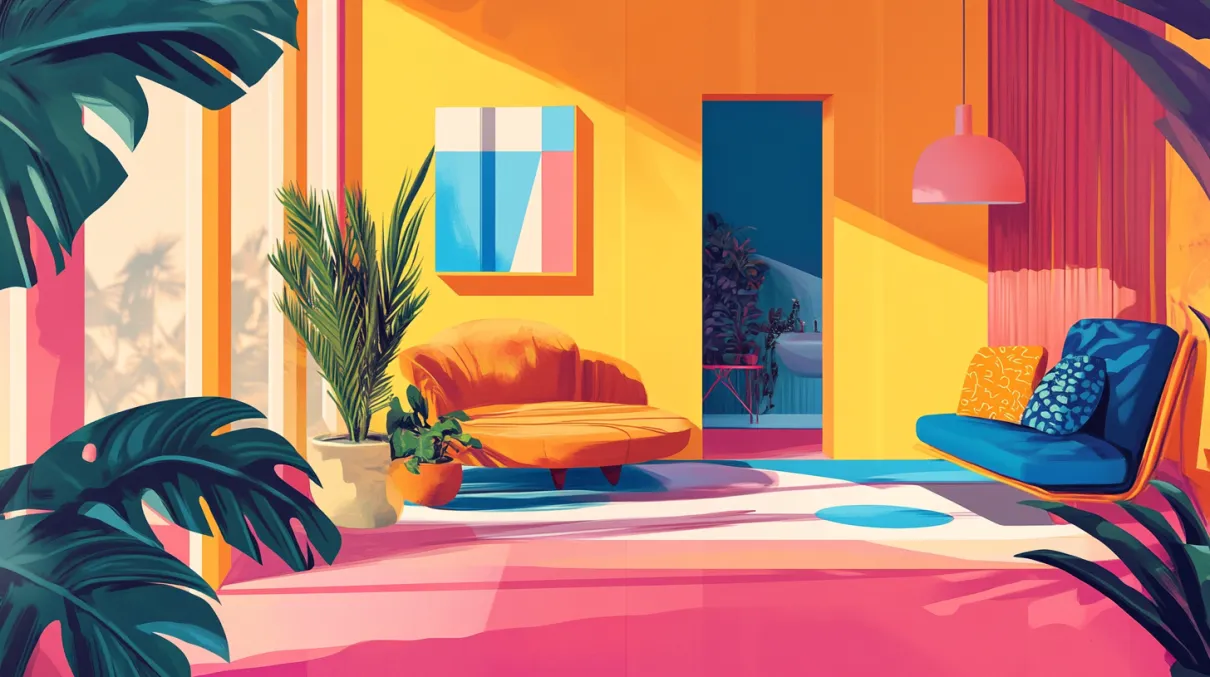 A vibrant interior scene with colorful furniture, including an orange sofa and a blue chair, surrounded by large plants and bathed in warm sunlight.