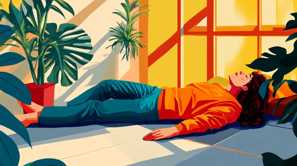 Illustration of a person lying on the floor in a sunlit room, surrounded by green potted plants, with a serene expression.