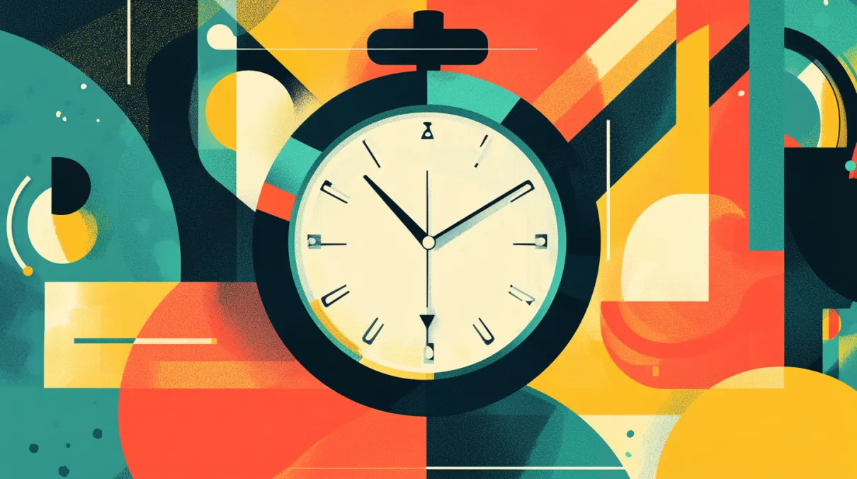 Abstract illustration of a large clock with a minimalistic design, set against a colorful, geometric background.