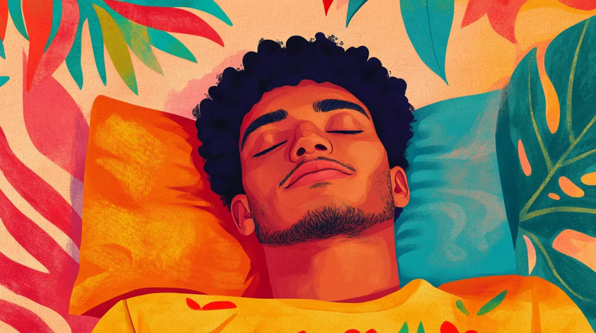 A close-up illustration of a person resting with closed eyes, set against a colorful, patterned background.