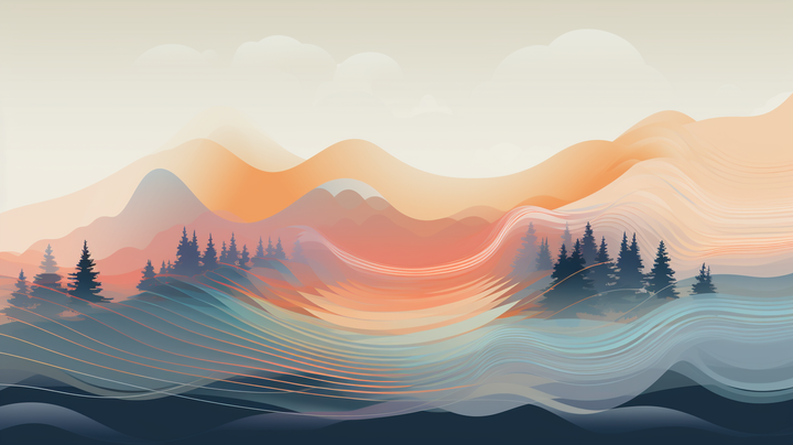 Pastel colored illustration of nature landscape composed of relaxing sound waves.